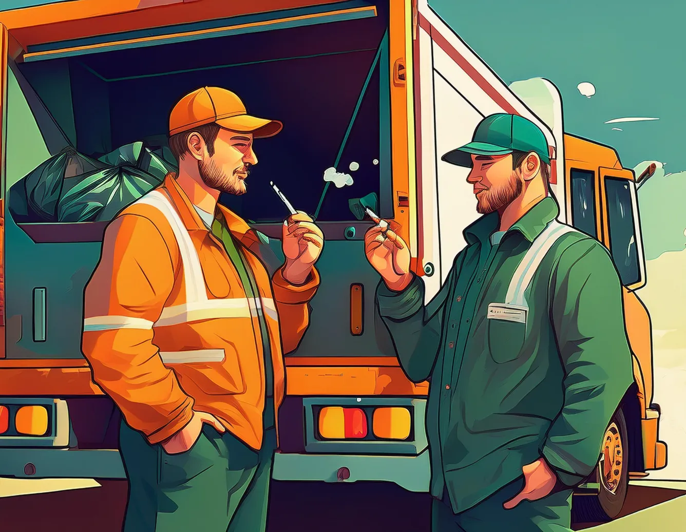 Illustration: zwei Müllwerker machen Pause neben ihrem Fahrzeug