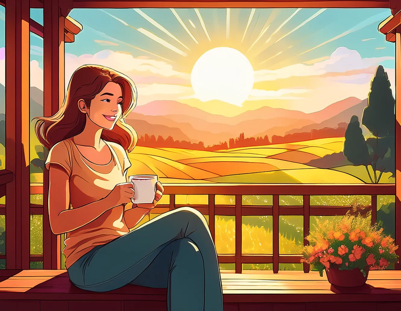 Illustration: Frau mit Kaffeebecher auf einer Veranda im Morgenlicht