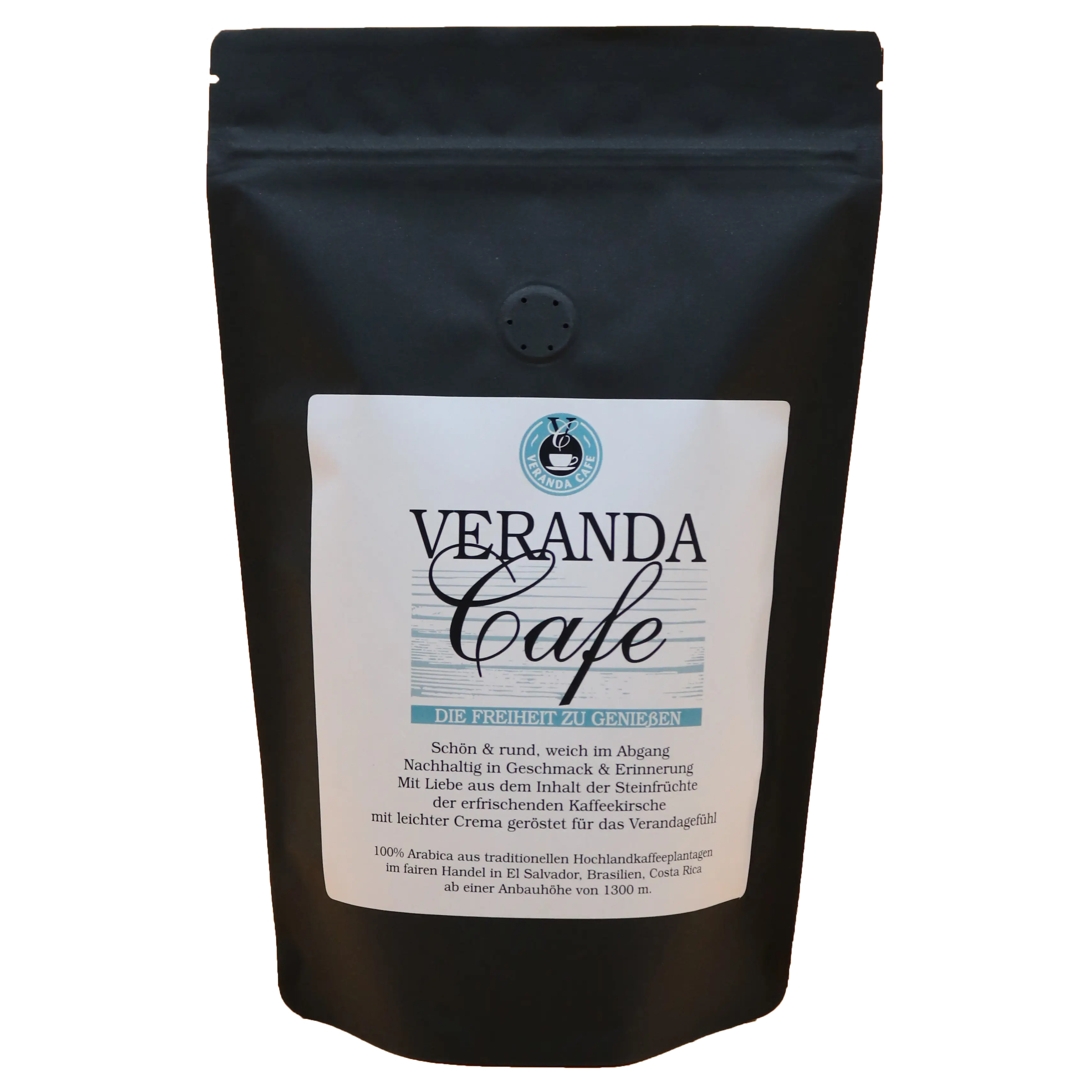 VERANDACafe Kaffeetüte auf Holz mit gerösteten Kaffeebohnen